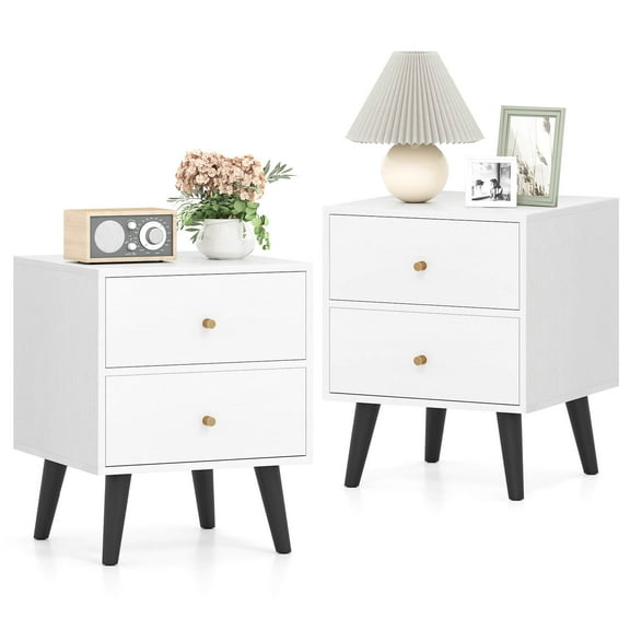Costway Nightstand Set of 2, 2 Storage Drawers, Small Accent Table with Golden Knobs
