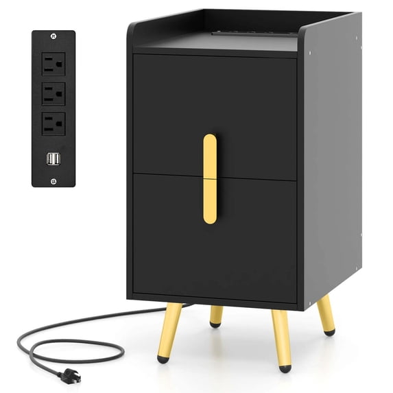 Costway Nightstand with Charging Station Home Bedside Sofa Side Tables with 2 Drawers Cafe Black