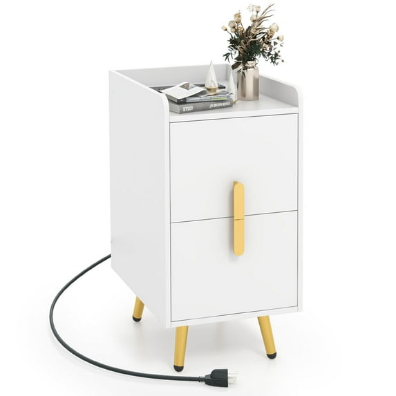 Costway Nightstand with Charging Station Home Bedside Sofa Side Tables with 2 Drawers White