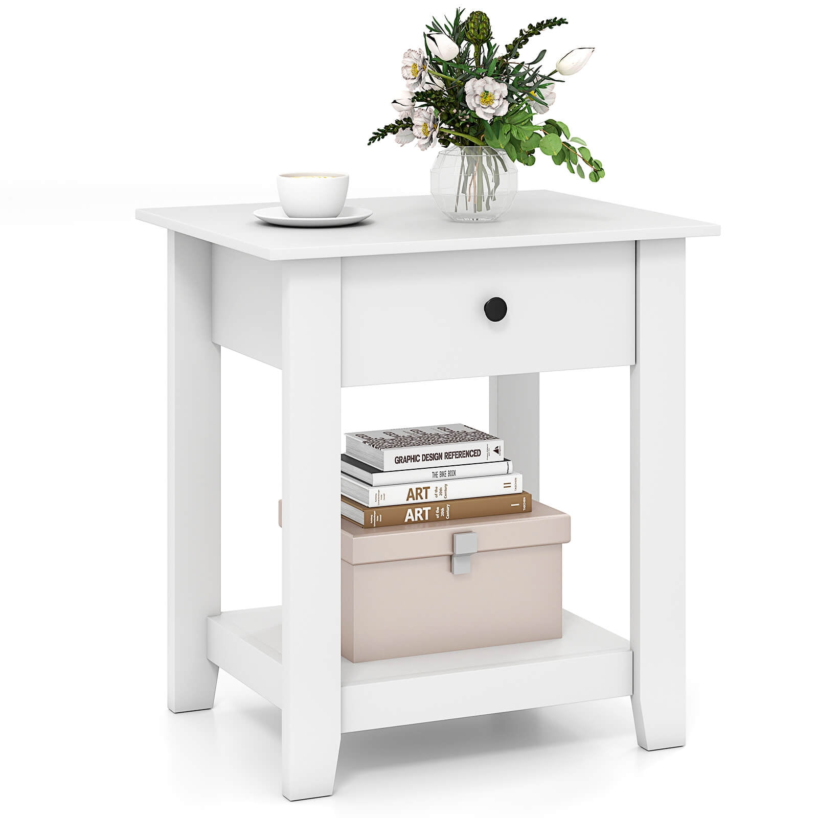 Costway Nightstand with Drawer 3-Tier Modern Bedside Table with Open Shelf Storage White