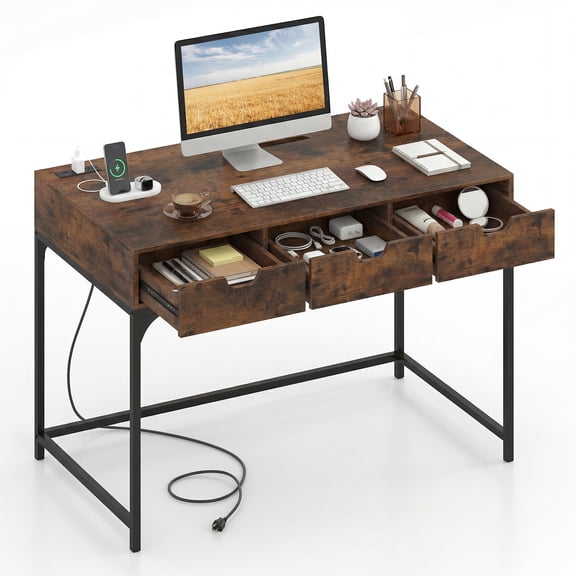 Costway Office Desk with Power Outlets,43.5" Modern Writing Desk with Hidden Compartment Rustic Brown