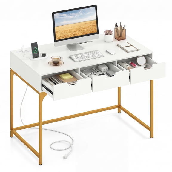 Costway Office Desk with Power Outlets,43.5" Modern Writing Desk with Hidden Compartment White & Gold