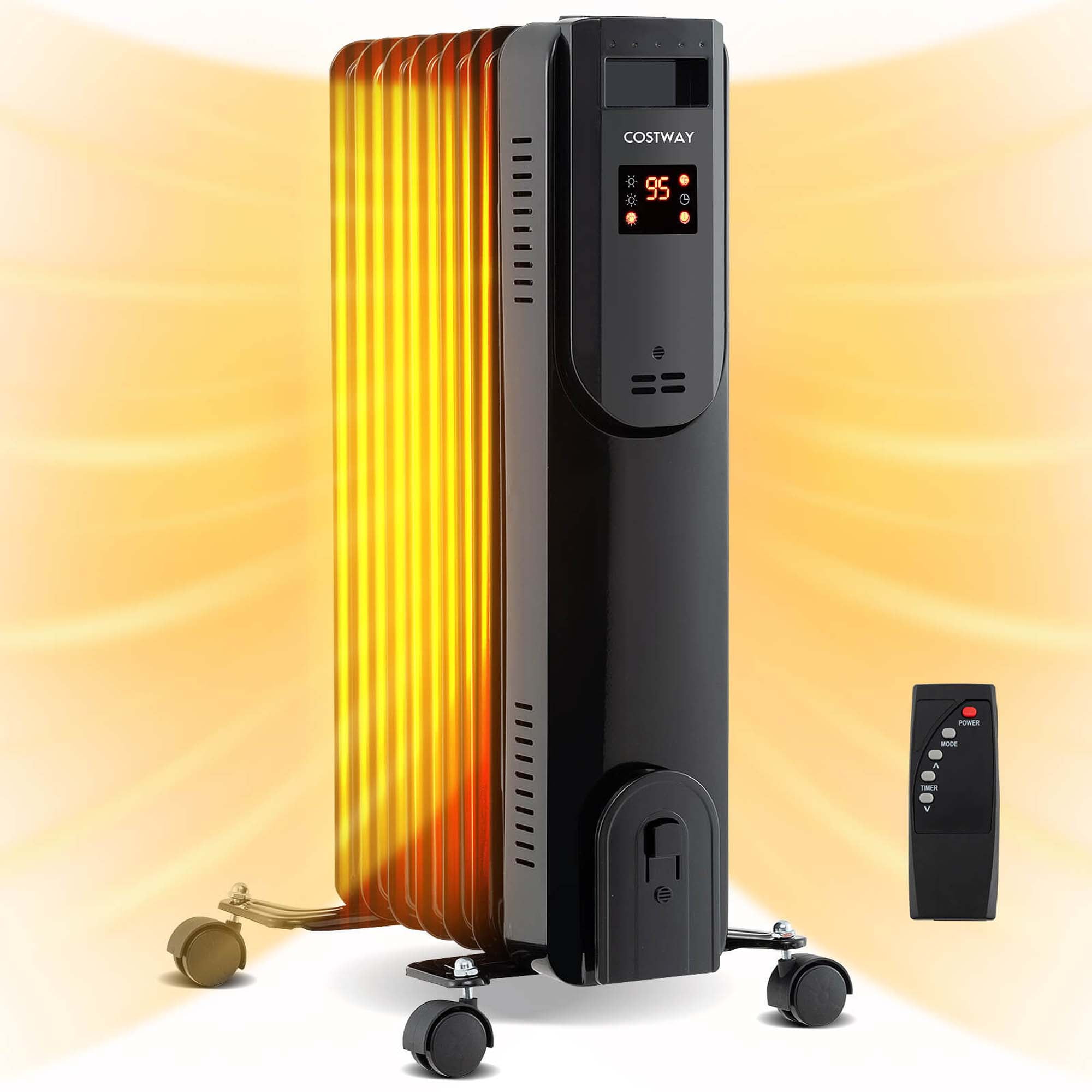 Costway Oil Radiant Heater with Adjustable Thermostat Remote Overheat & Tip-Over Protection