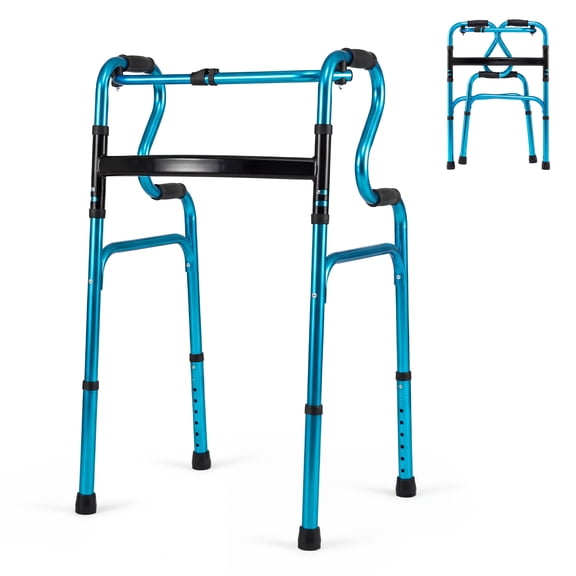Costway One-button Folding Walker Aluminum Walking Frame with Adjustable Height Navy