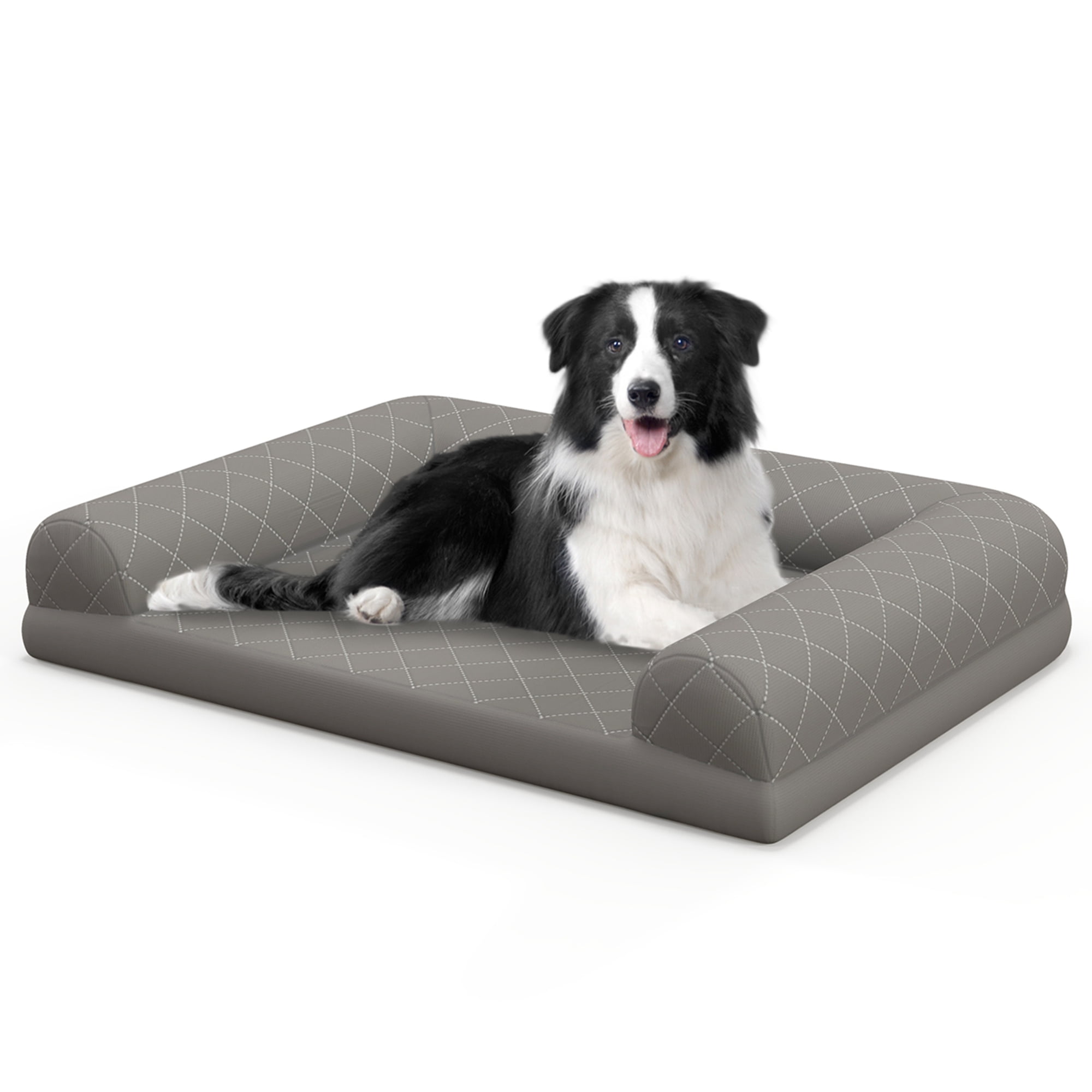 Grey Orthopedic Foam Bolster Dog Bed with Non-Slip Bottom
