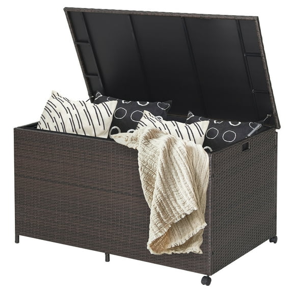 Costway Outdoor 133 Gallon Rattan Deck Box with Wheel Handle & Liner