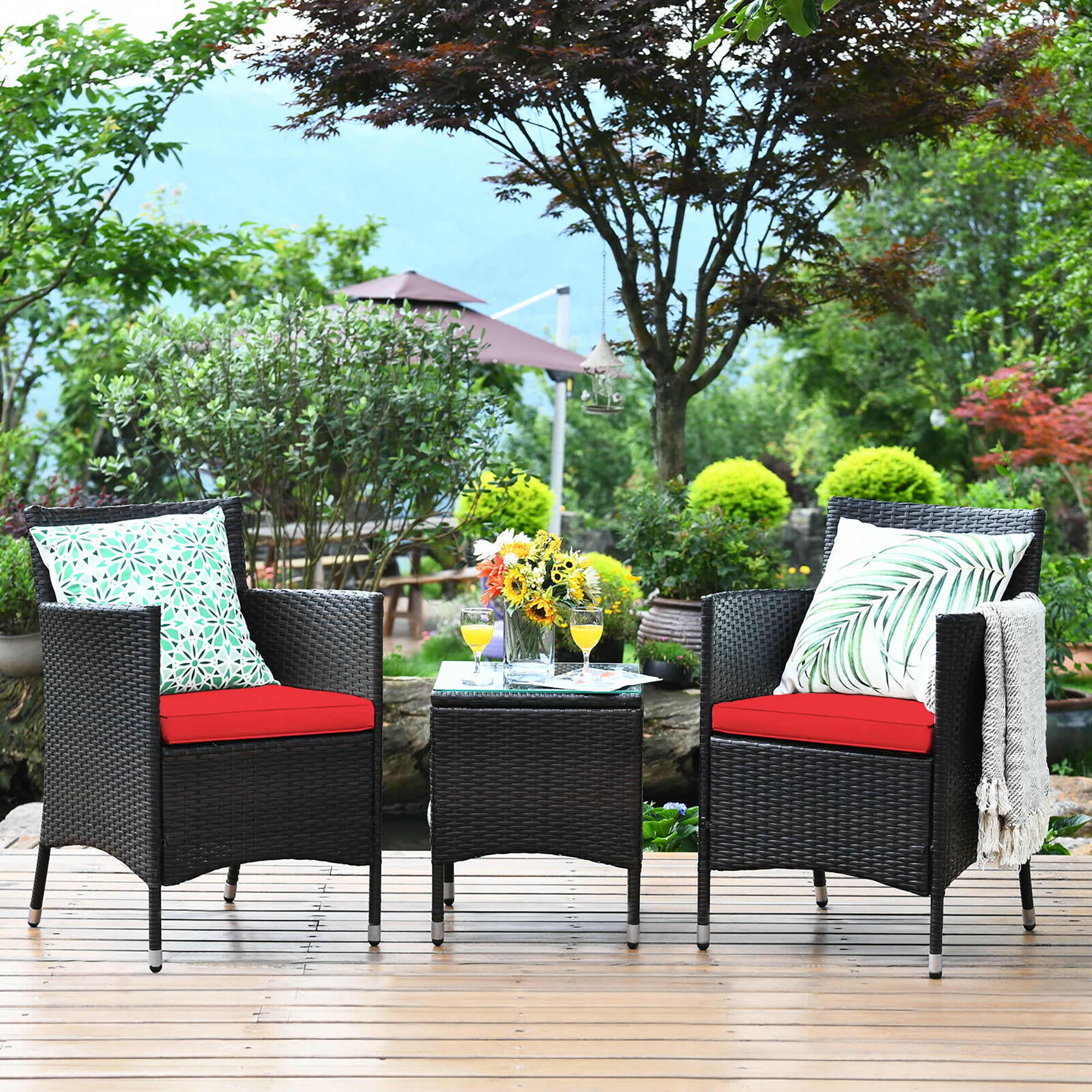 Costway 3pcs Patio Wicker Furniture Set Storage Table W/Protect Cover - Red