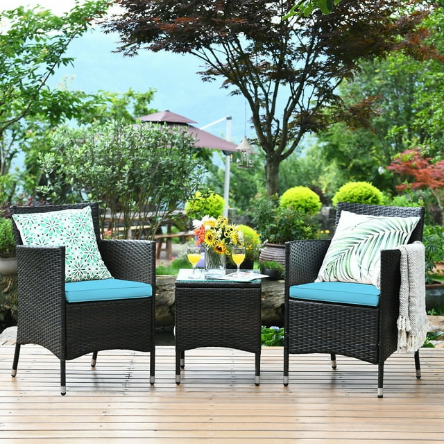 Costway Outdoor 3 PCS Rattan Wicker Furniture Sets Chairs Coffee Table Garden Blue