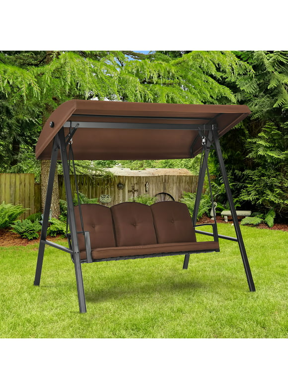 Costway Outdoor 3-Seat Porch Swing with Adjust Canopy and Cushions Brown