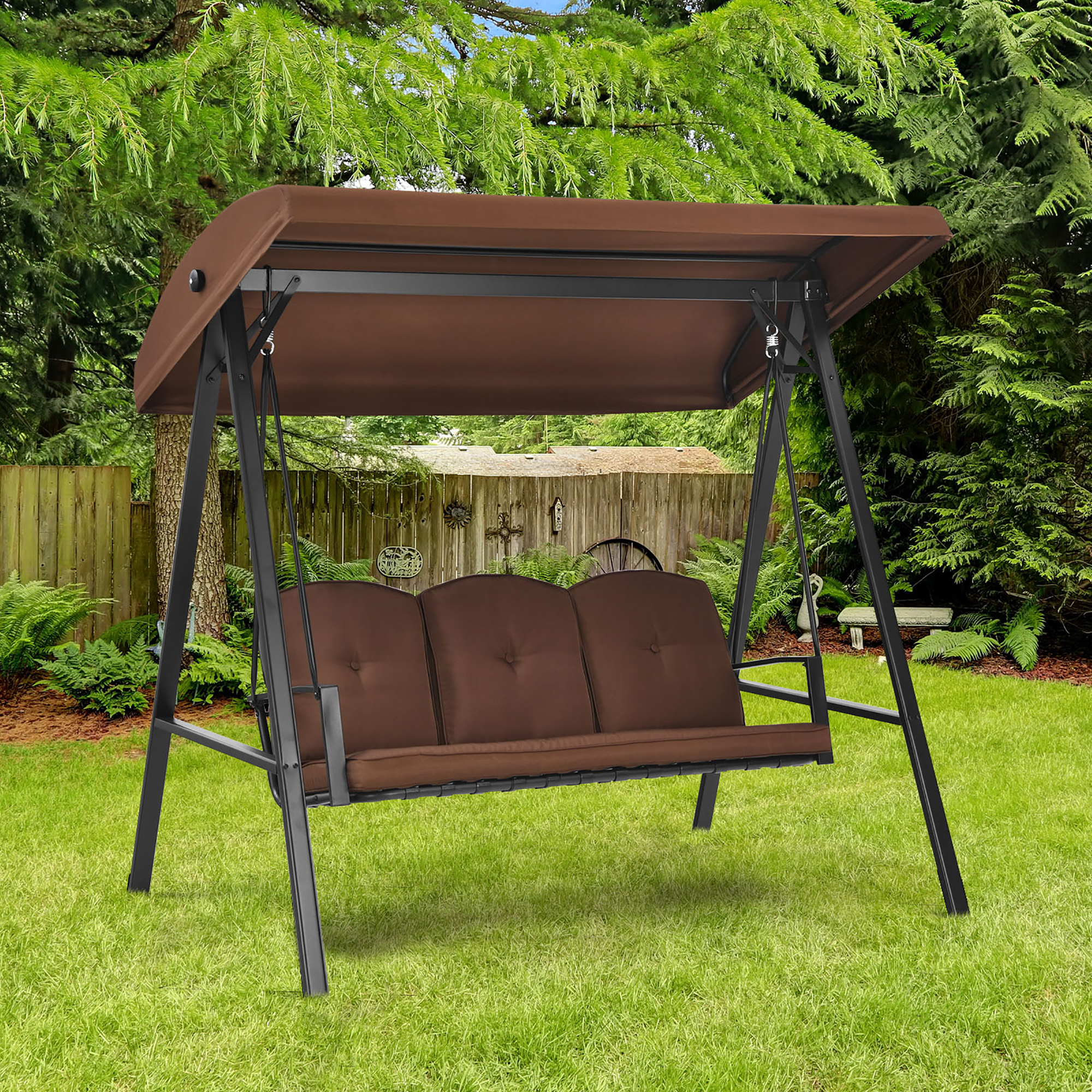 Costway Outdoor 3-Seat Porch Swing with Adjust Canopy and Cushions Brown - image 1 of 10