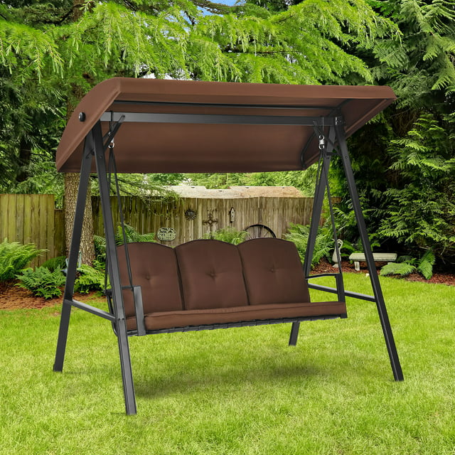 Costway Outdoor 3-Seat Porch Swing with Adjust Canopy and Cushions Brown
