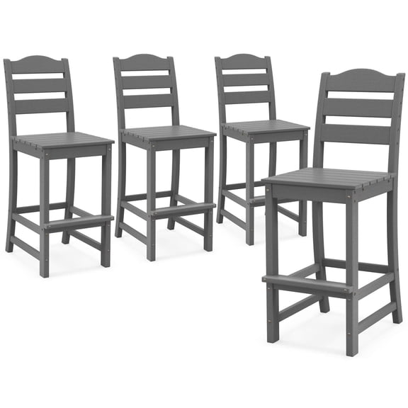 Costway Outdoor 4pcs HDPE Bar Stool Patio Tall Chair Backrest Footrest All Weather Gray