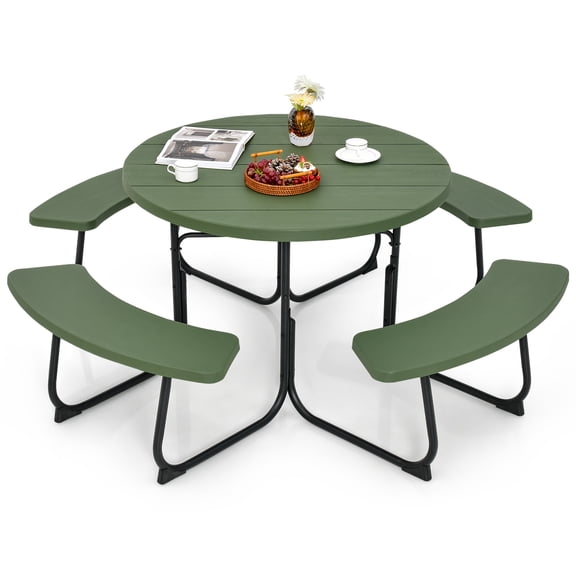 Costway Outdoor 8-person Round Picnic Table Bench Set with 4 Benches & Umbrella Hole Green