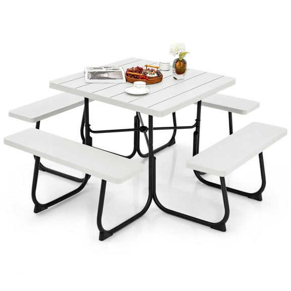 Costway Outdoor 8-person Square Picnic Table Bench Set with 4 Benches & Umbrella Hole White