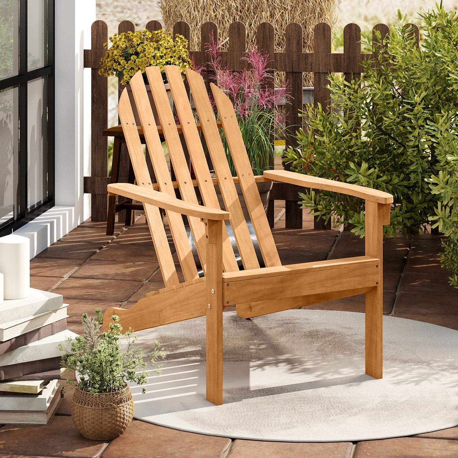 Costway Outdoor Adirondack  Chair Accent Chair Solid Wood sturdy Patio Garden Furniture Natural