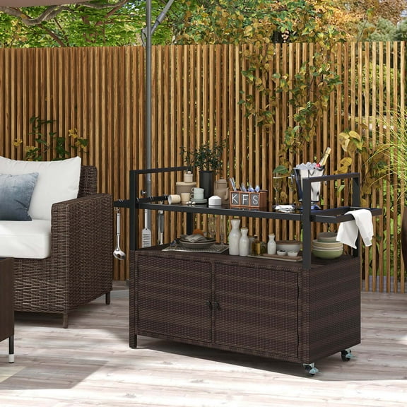 Costway Outdoor Bar Cart with Tempered Glass Top Storage Cabinet & 8 Hooks for Porch Brown