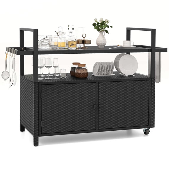 Costway black outdoor bar cart with tempered glass top, storage cabinet, and 8 hooks, 51in x 19.5in x 35.5in