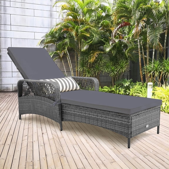Costway Outdoor Chaise Lounge Chair Patio Recliner with 6-Level Backrest Cushion & Pillow Gray + Mix Gray