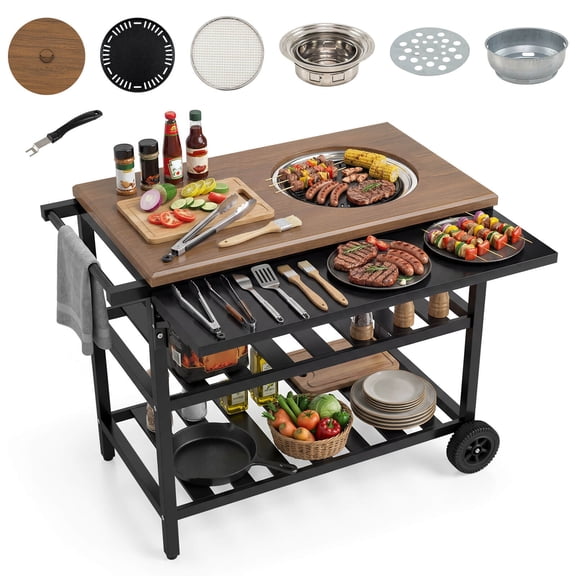 Costway Outdoor Dining Cart with Korean BBQ Grill Folding Side Panel 2 Shelves for Camping