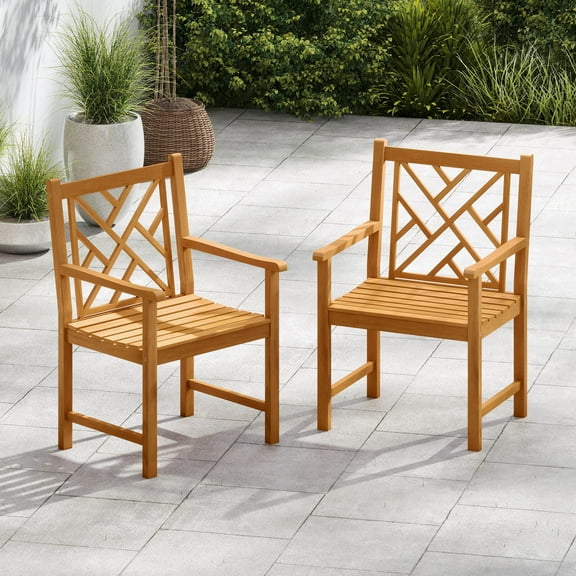 Costway Outdoor Dining Chairs Set of 2 Acacia Wood Slatted Patio Chairs with Armrests