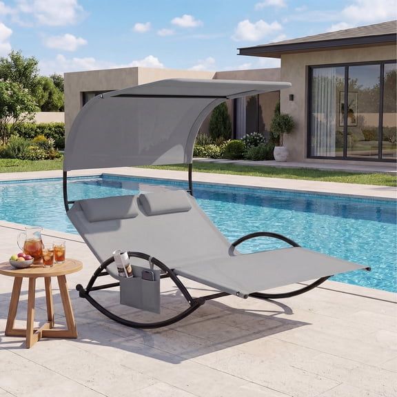 Costway Outdoor Dual Rocker Sunbed 2-Person Canopied Lounger with 2 Detachable Headrests