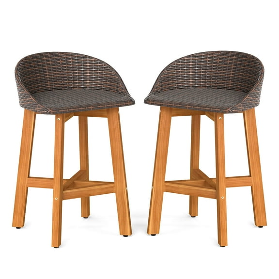 Costway Outdoor Faux Rattan Bar Chairs Set of 2 Solid Acacia Wood Bar Stools for Porch Brown