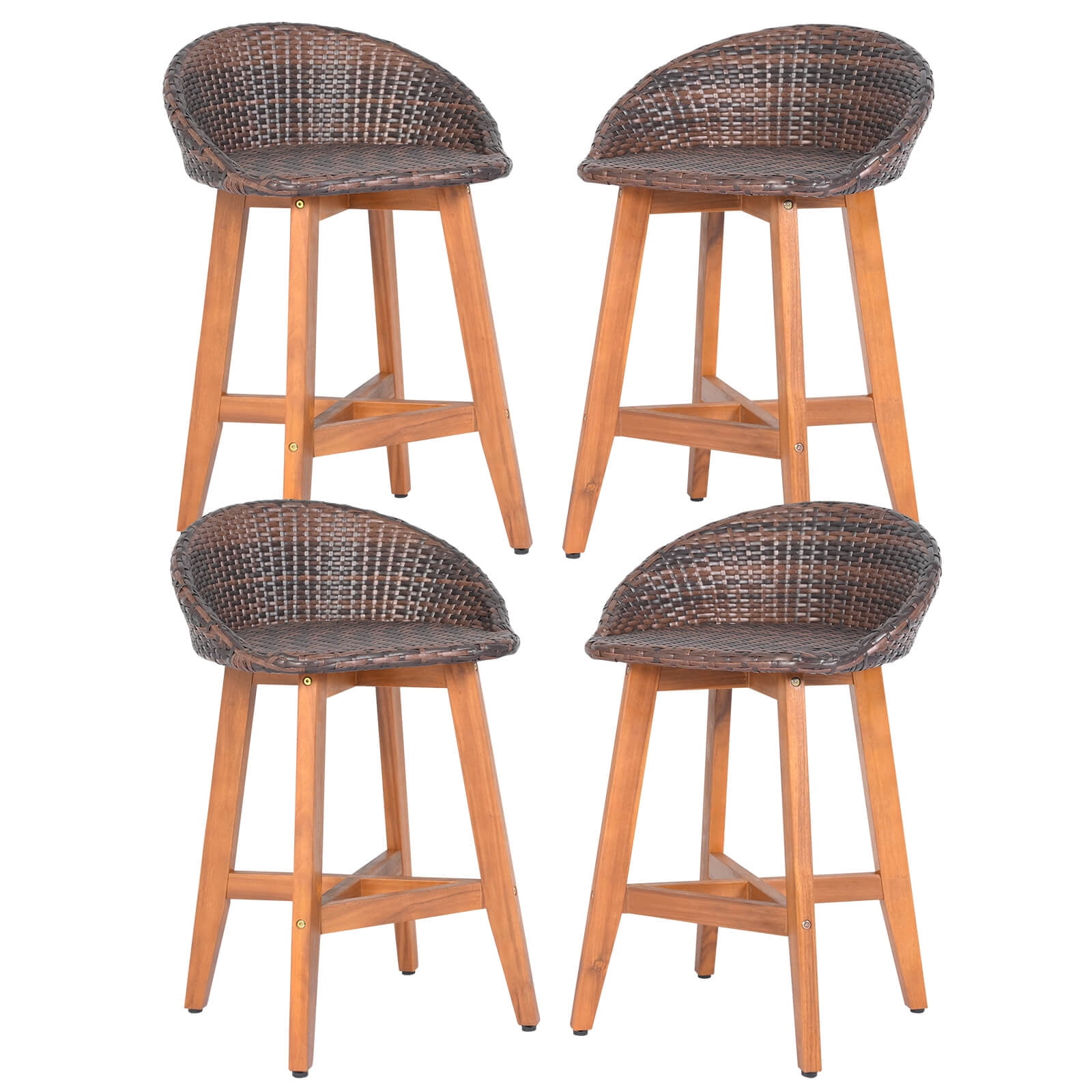 Costway Outdoor Faux Rattan Bar Chairs Set of 4 Solid Acacia Wood Bar ...