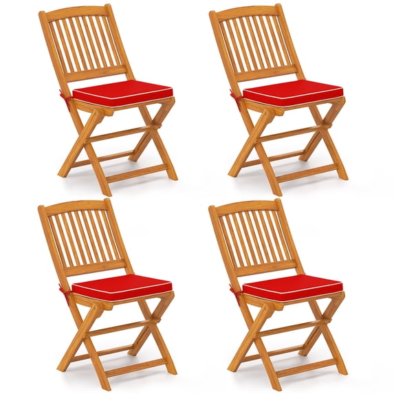 Costway Outdoor Folding Chairs Set of 4 Acacia Wood High-Back Chair with Seat Cushions Red