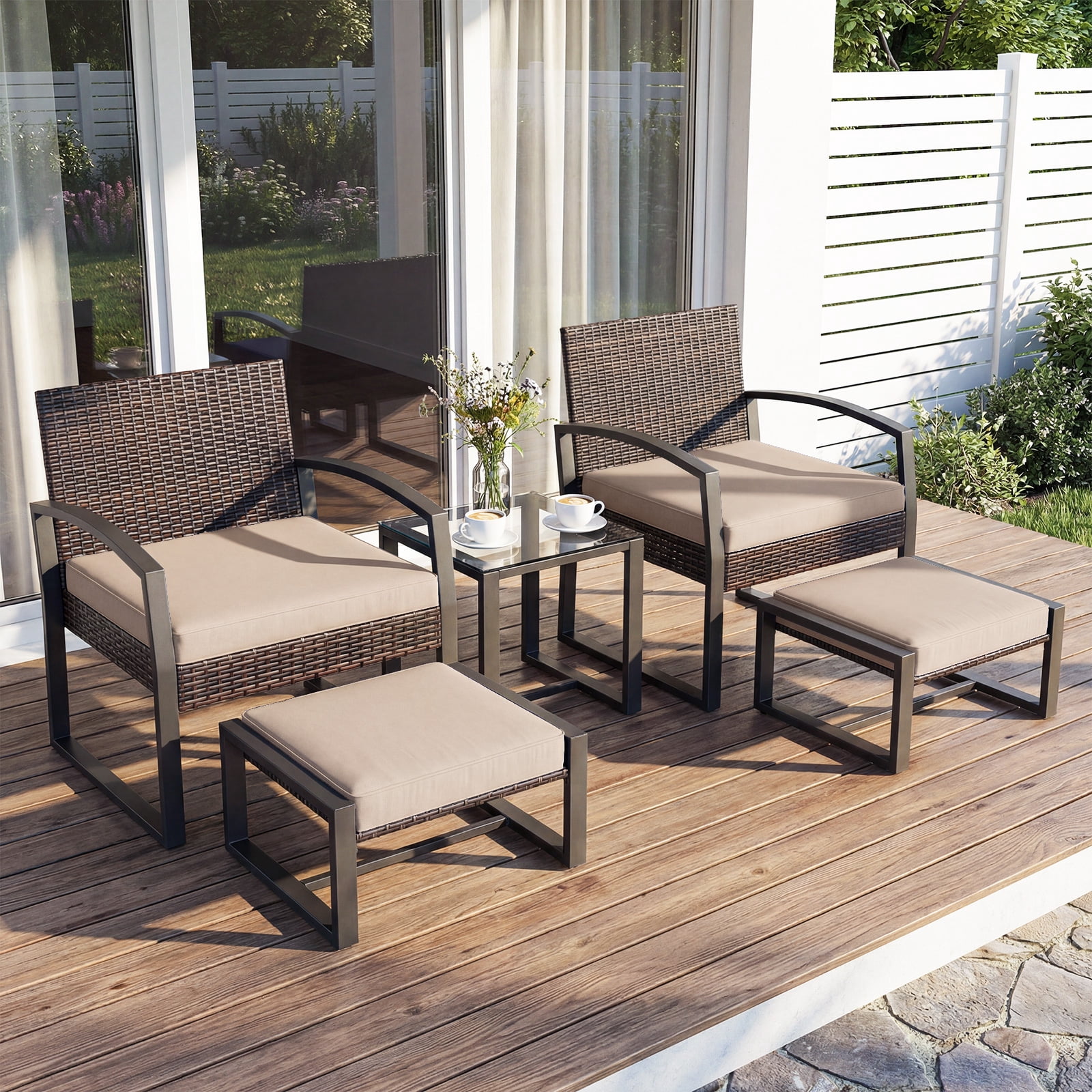 Costway Outdoor Furniture Set, Patio Rattan Conversation Set for Balcony,Porch, Backyard Mix Brown + Beige