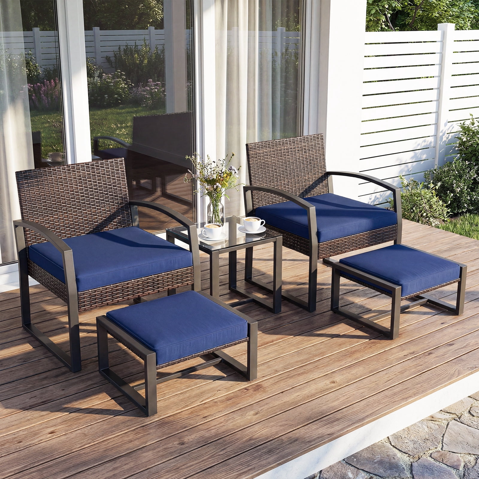Costway Outdoor Furniture Set, Patio Rattan Conversation Set for Balcony,Porch, Backyard Mix Brown + Navy Blue