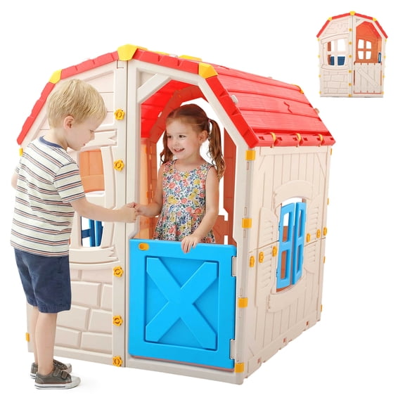Costway Outdoor Kids Playhouse with Openable Door Windows for Home Backyard for Ages 2+ Blue