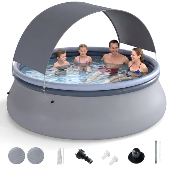 Costway Outdoor Large Inflatable Pool, Round Blow Up Pool with Sunshade Canopy for Adults Blue + Gray