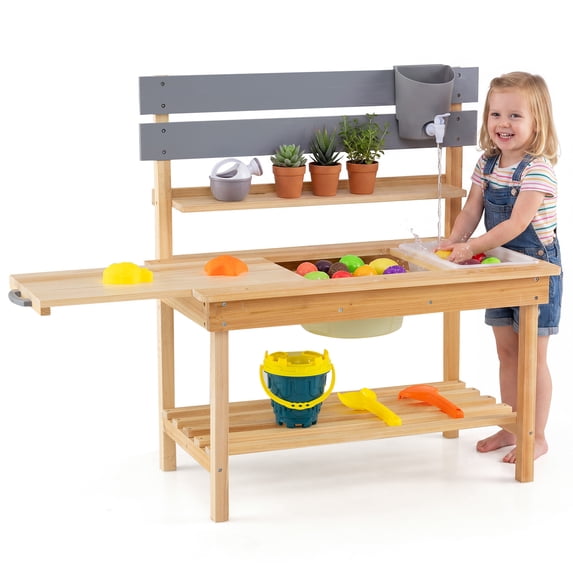 Costway Outdoor Mud Kitchen for Kids, Wooden Kitchen Playset with Extended Tabletop Natural