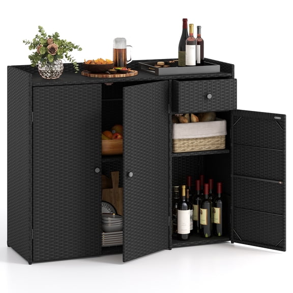 Costway Outdoor PE Wicker Storage Cabinet with 3 Doors Adjustable Shelves and Drawer Mix Black