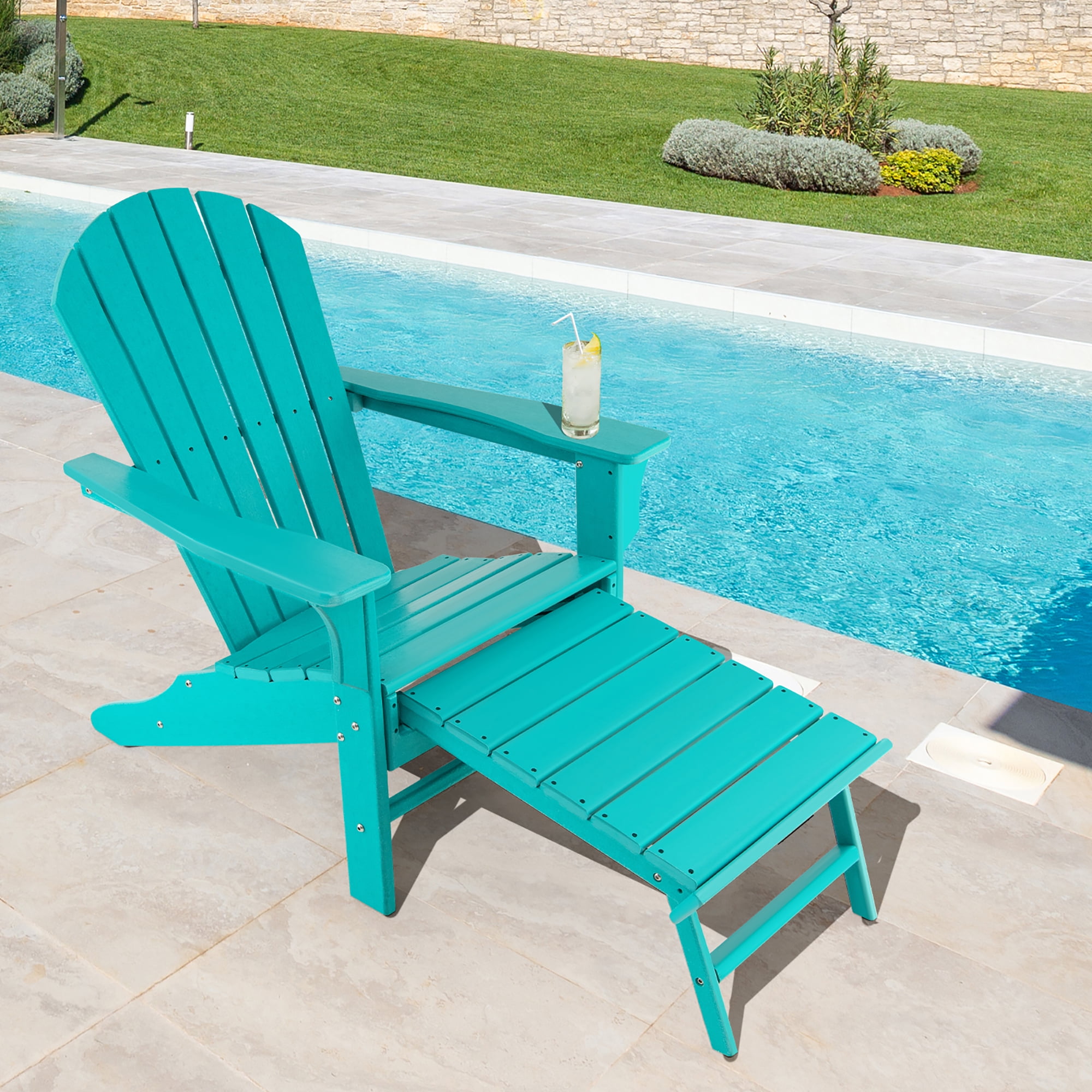 Costway Outdoor Patio HDPE Adirondack Chair Beach Seat Retractable Ottoman Turquoise