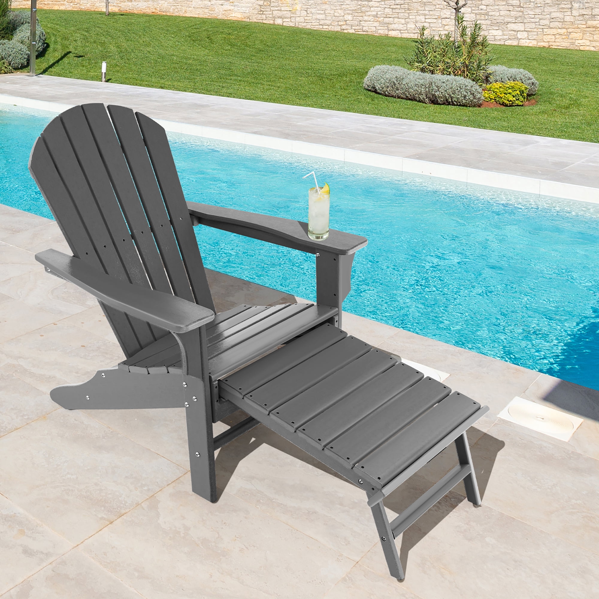 Costway Outdoor Patio HDPE Deck Adirondack Chair Beach Seat Retractable Ottoman Grey