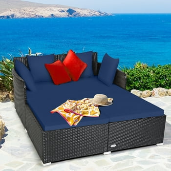 Costway Outdoor Patio Rattan Daybed Pillows Cushioned Sofa Furniture Navy