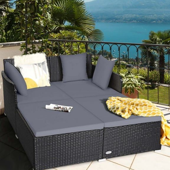 Costway Outdoor Patio Rattan Daybed Pillows Cushioned Sofa Furniture