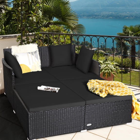 Costway Outdoor Patio Rattan Daybed Thick Pillows Cushioned Sofa Furniture Black