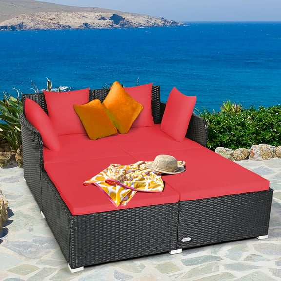 Costway Outdoor Patio Rattan Daybed Thick Pillows Cushioned Sofa Furniture Red