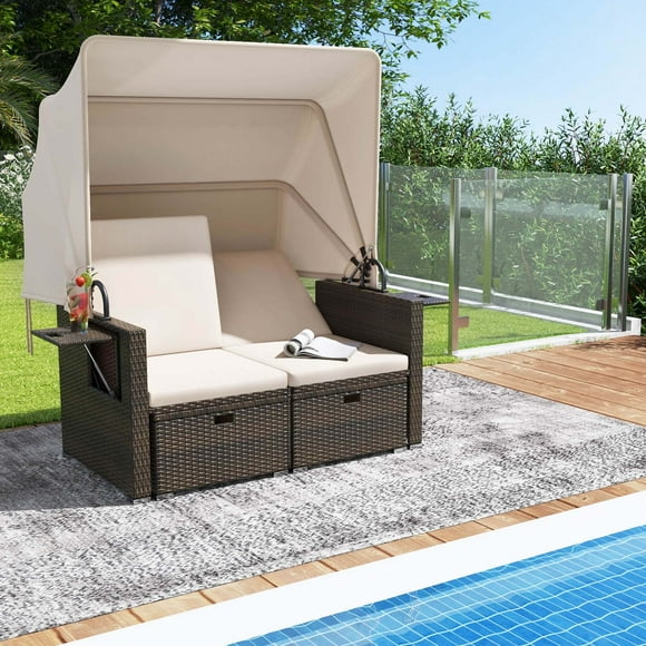 Costway Outdoor Patio Rattan Daybed with Retractable Canopy & Adjustable Backrests Beige