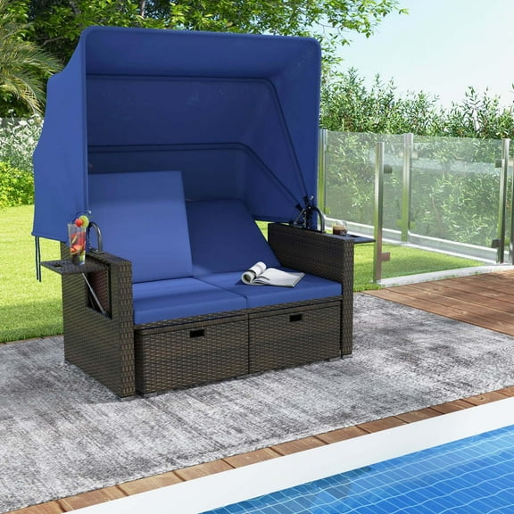 Costway Outdoor Patio Rattan Daybed with Retractable Canopy & Adjustable Backrests Blue