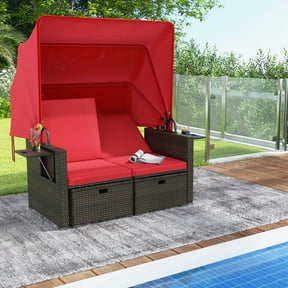 Costway Outdoor Patio Rattan Daybed with Retractable Canopy & Adjustable Backrests Red