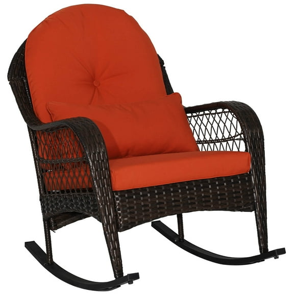 Costway Patio Wicker Rocking Chair W/Seat Back Cushions & Lumbar Pillow Balcony Orange
