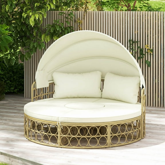 Costway Outdoor Patio Round Daybed with Retractable Canopy Soft Cushions for Garden White