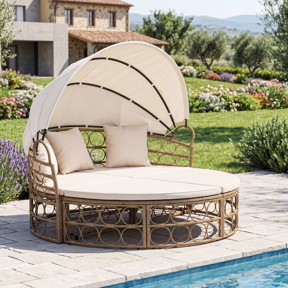 Costway Outdoor Patio Round Daybed with Retractable Canopy Soft Cushions for Garden White