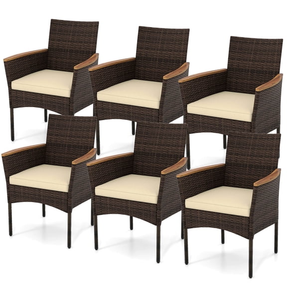 Costway Outdoor Patio Wicker Chairs Set of 6 with Steel Frame & Soft Cushions, Armrests