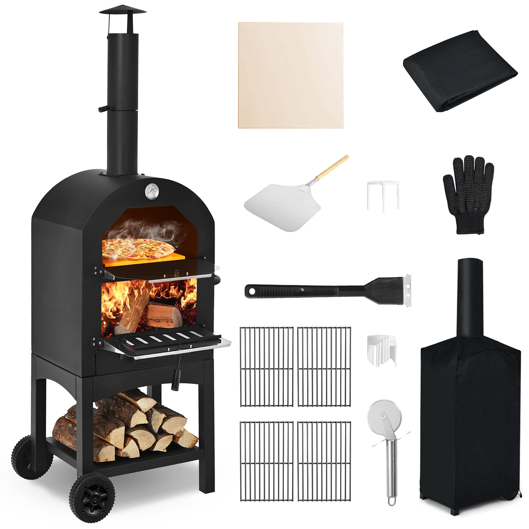Costway Outdoor Pizza Oven Wood Fire Pizza Maker Grill with Pizza Stone & Waterproof Cover