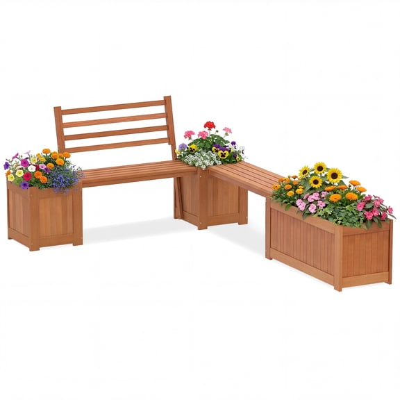 Costway Outdoor Planter Box Set with Shorea Hardwood Planter Box, Bench, Slat Backrest