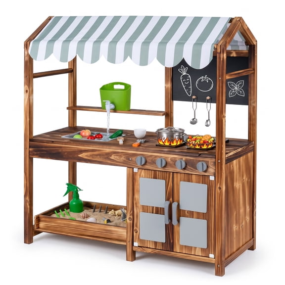 Costway Outdoor Play Kitchen with Canopy, 2-Sided Chalkboard, Stoves, Water Tank, Sink Brown